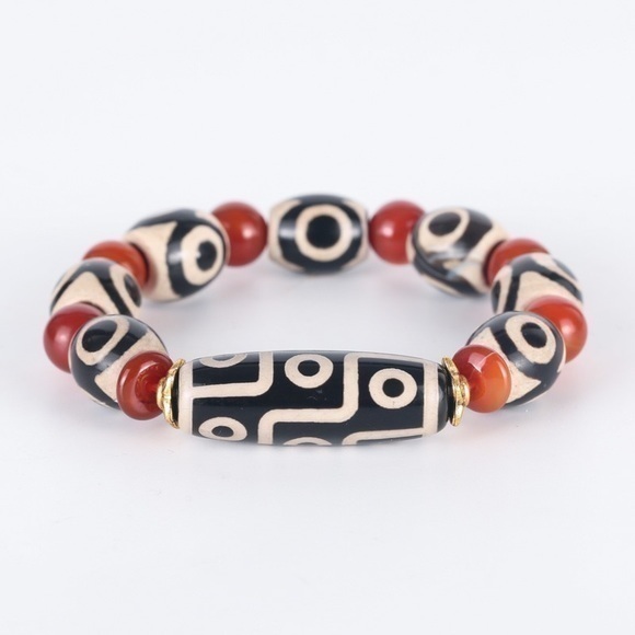 Buddha Stones Tibetan Nine-Eye Dzi Bead Black Onyx Power  - (unsex )Tibetan 3/9 & Lightning eyes dzi bead  Buddha bead Bracelet